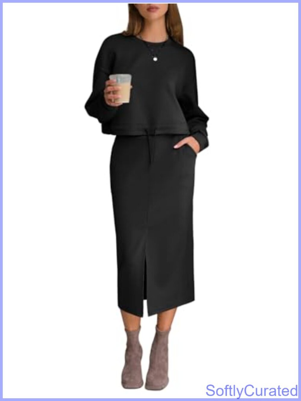Women 2 Piece Skirt Set with Pockets Rayon Blend Pullover Midi Lounge Set